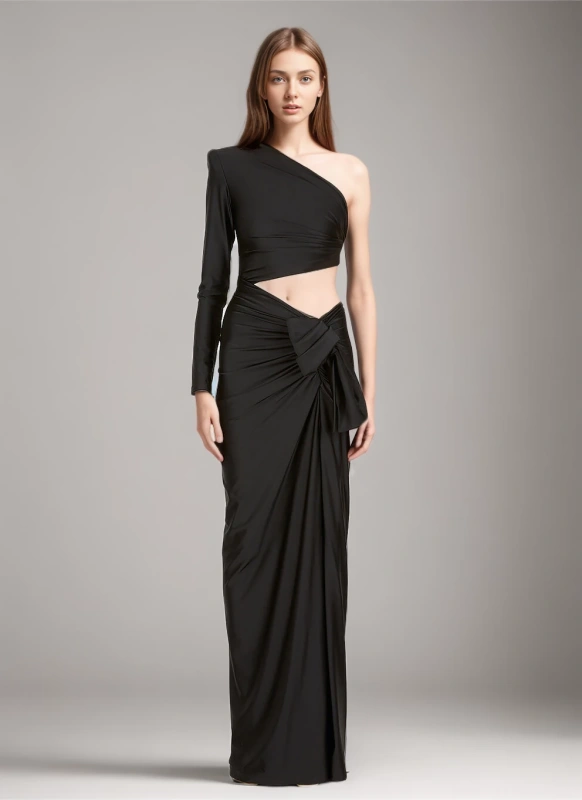 TWOTWINSTYLE Off Shoulder Diagonal Collar High-Split Dress