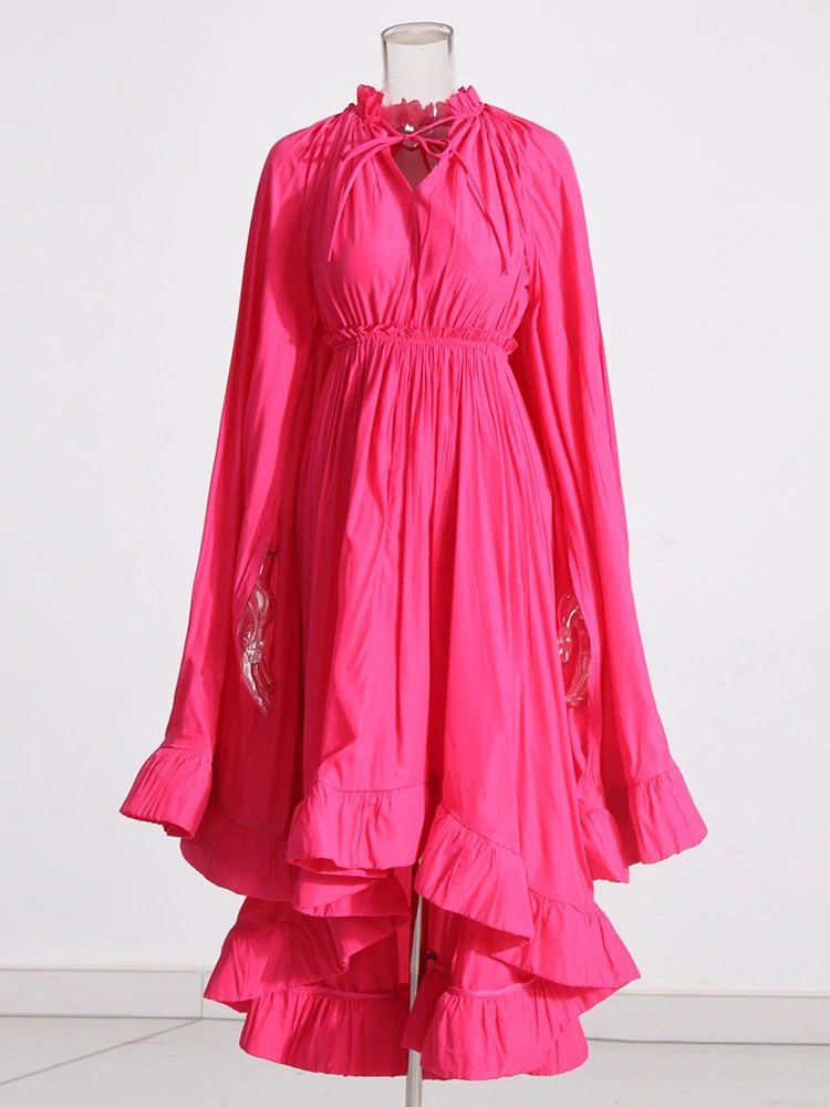 TWOTWINSTYLE Patchwork Lace Up V Neck Cloak Sleeve Women Dress