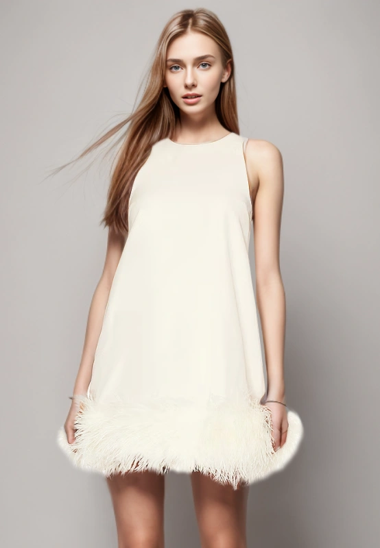 TWOTWINSTYLE Feathers Hem Sleeveless Minimalsit Mini Dress