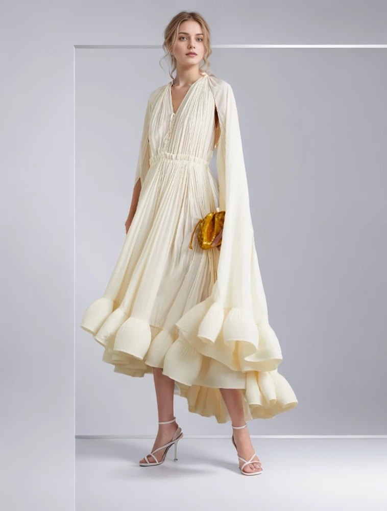 TWOTWINSTYLE Patchwork Lace Up V Neck Cloak Sleeve Women Dress