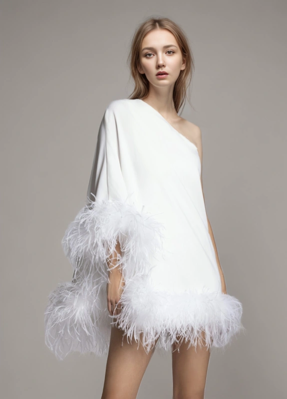 TWOTWINSTYLE Ostrich Feather Diagonal Collar One Sleeve Dress Cloak