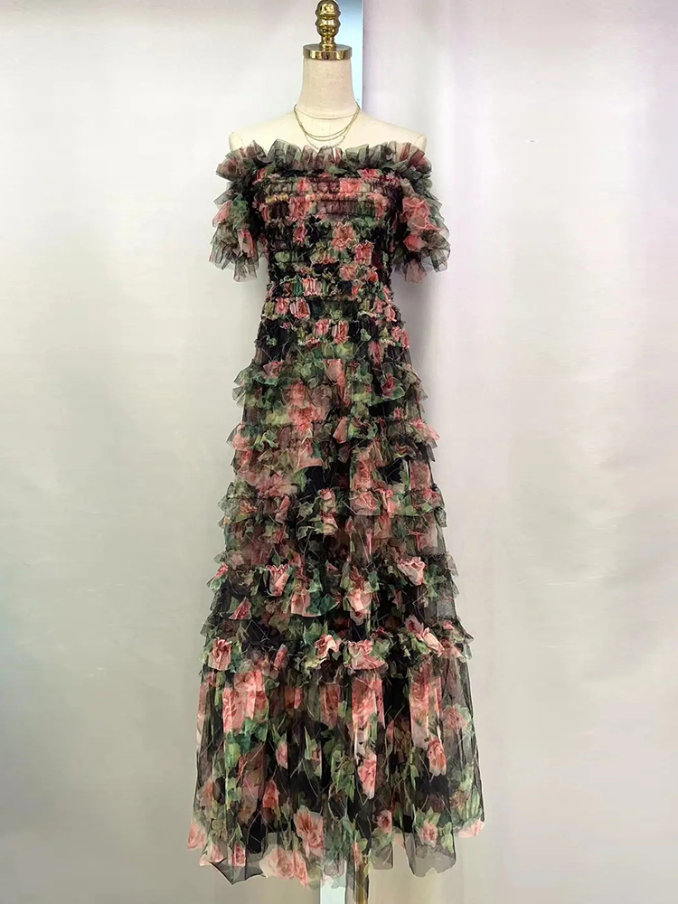 TWOTWINSTYLE New Tiered Ruffles Print  Maxi Dresses