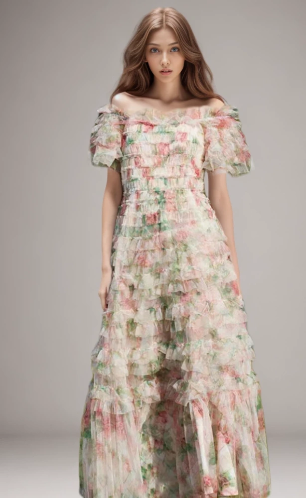 TWOTWINSTYLE New Tiered Ruffles Print  Maxi Dresses