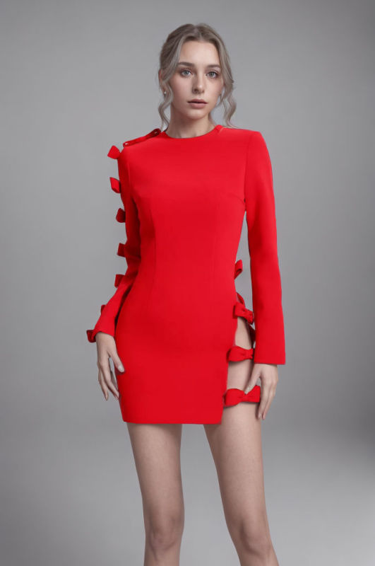 TWOTWINSTYLE New Hollow Out Long Sleeve Bowknot Mini Dress
