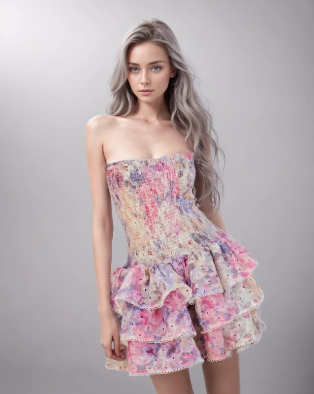 TWOTWINSTYLE Printing Strapless  Fold  Floral  Mini Dresses