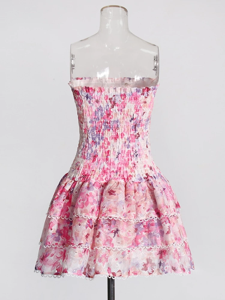 TWOTWINSTYLE Printing Strapless  Fold  Floral  Mini Dresses
