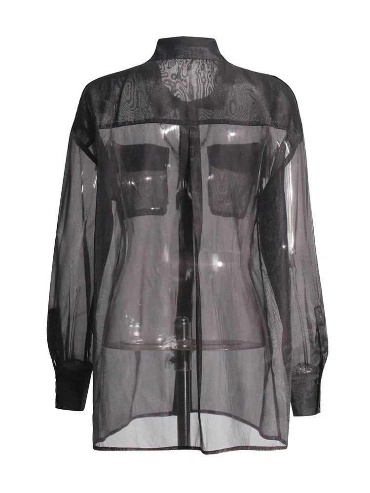 TWOTWINSTYLE Pocket Sheer Lapel Spliced Women Blouse