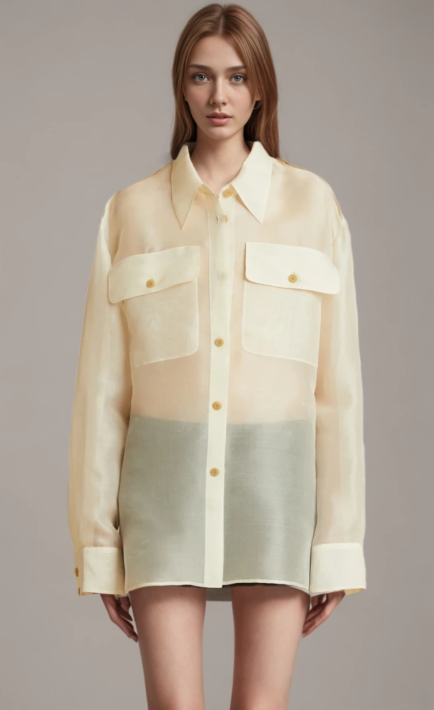 TWOTWINSTYLE Pocket Sheer Lapel Spliced Women Blouse