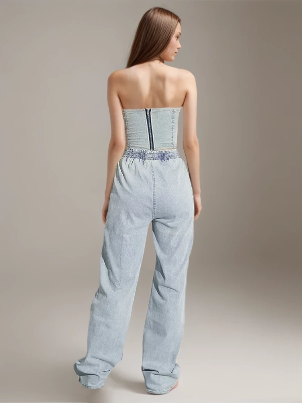 TWOTWINSTYLE Denim 2-Piece Set Strapless Top And Wide Leg Pants