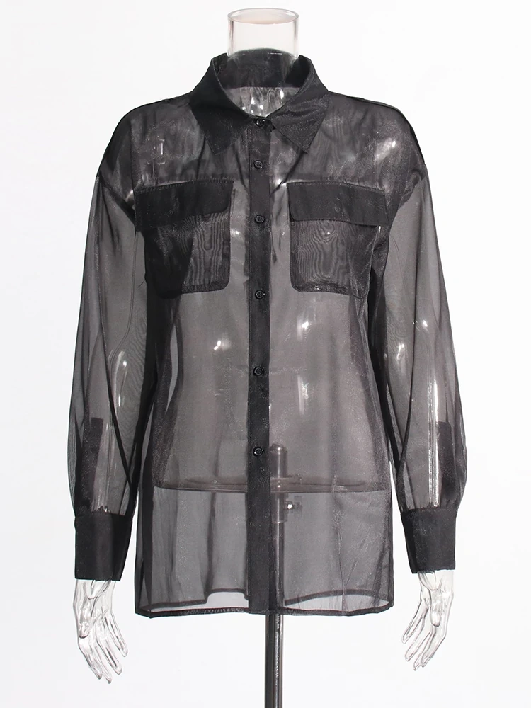 TWOTWINSTYLE Pocket Sheer Lapel Spliced Women Blouse