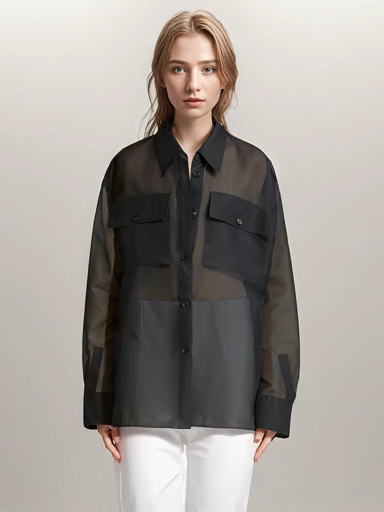 TWOTWINSTYLE Pocket Sheer Lapel Spliced Women Blouse