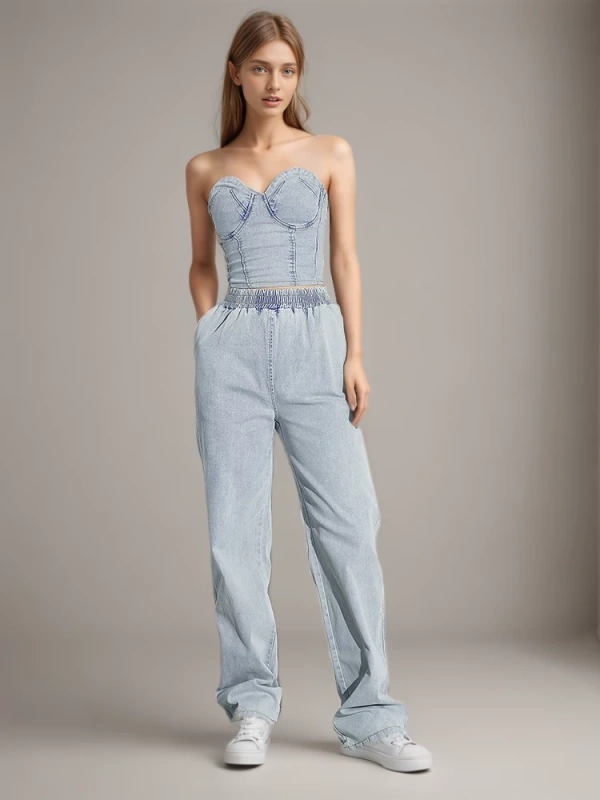 TWOTWINSTYLE Denim 2-Piece Set Strapless Top And Wide Leg Pants