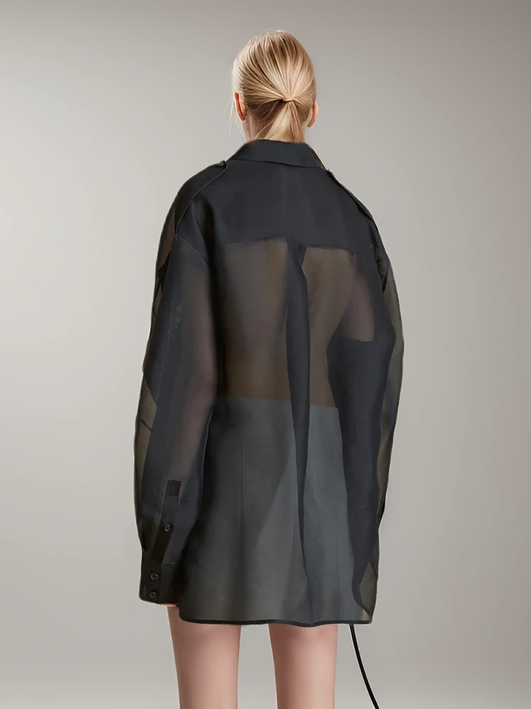 TWOTWINSTYLE Pocket Sheer Lapel Spliced Women Blouse