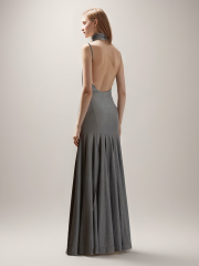 Stand Collar Backless Sleeveless Pleated Dress