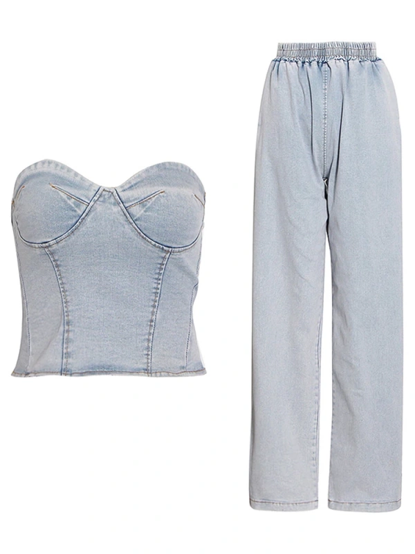 TWOTWINSTYLE Denim 2-Piece Set Strapless Top And Wide Leg Pants
