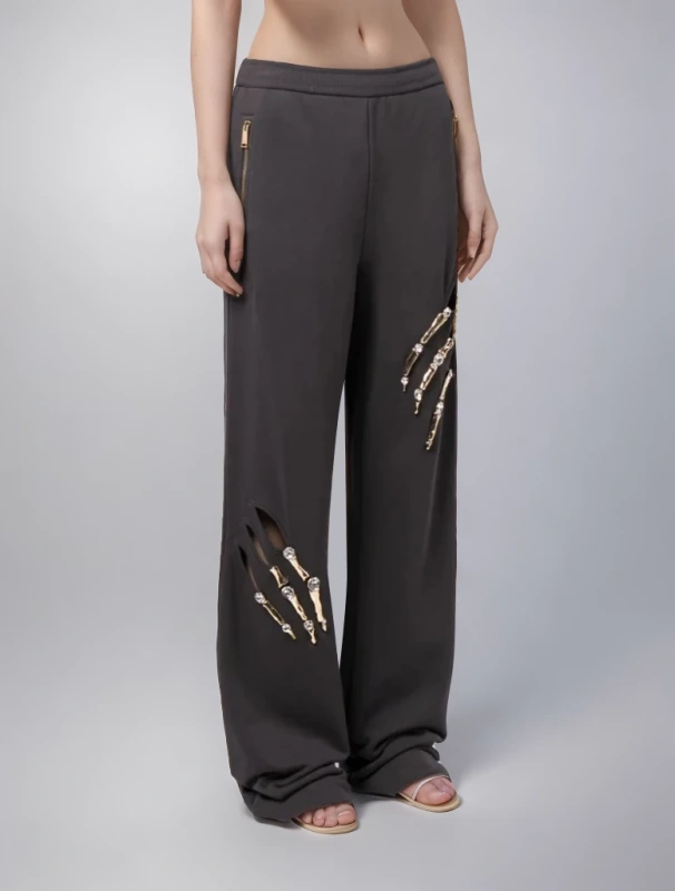 TWOTWINSTYLE Diamonds Hollow Out Spliced WIde Leg Pant