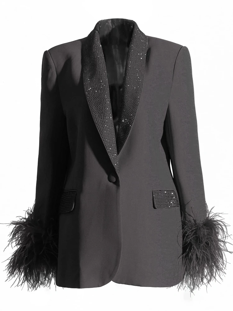 TWOTWINSTYLE Feather Shawl Collar Blazers