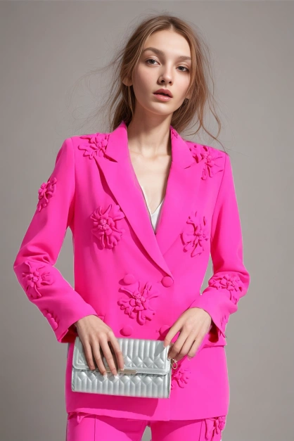 Floral Detail Belted Blazer with Notched Lapel - Gray