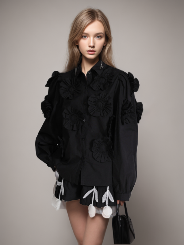 TWOTWINSTYLE New Folds Three Dimensional Large Flower Women Shirt