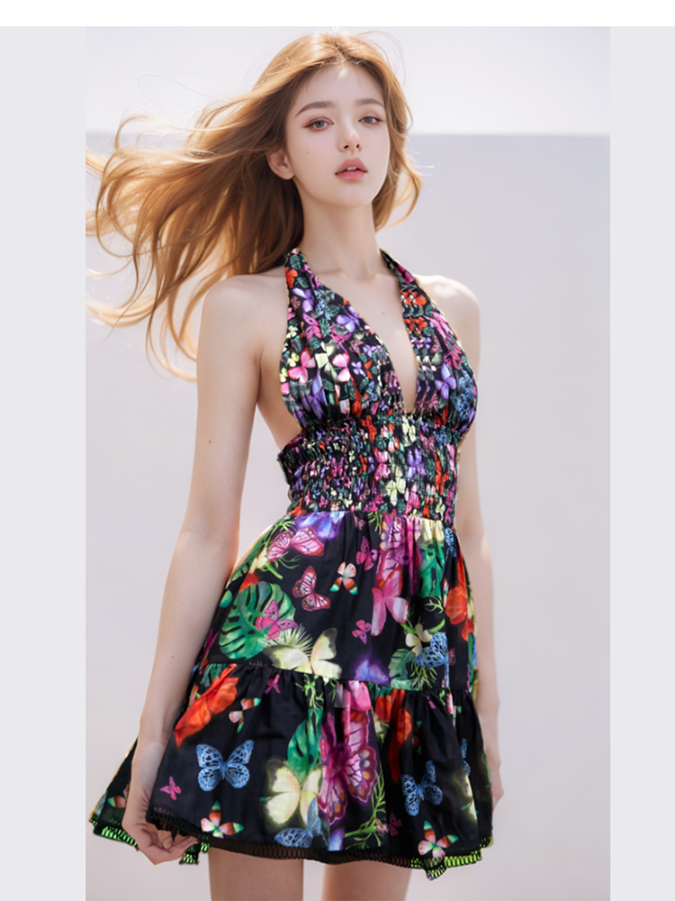 Floral V Neck Backless Mini Dress main image 1