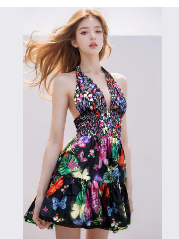 TWOTWINSTYLE New Deep V Neck Sleeveless Floral Mini Dress