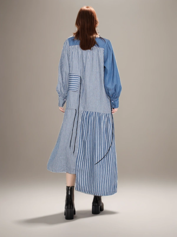 TWOTWINSTYLE New Denim Patchwork Stripes Women Maxi Dresses