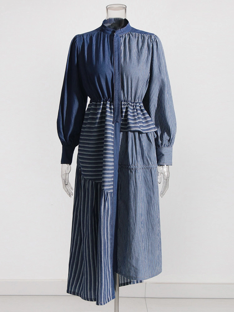 TWOTWINSTYLE New Denim Patchwork Stripes Women Maxi Dresses