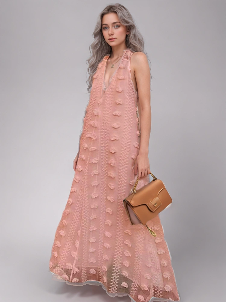 TWOTWINSTYLE New  V Neck Large Hem Ribbon Maxi Dress