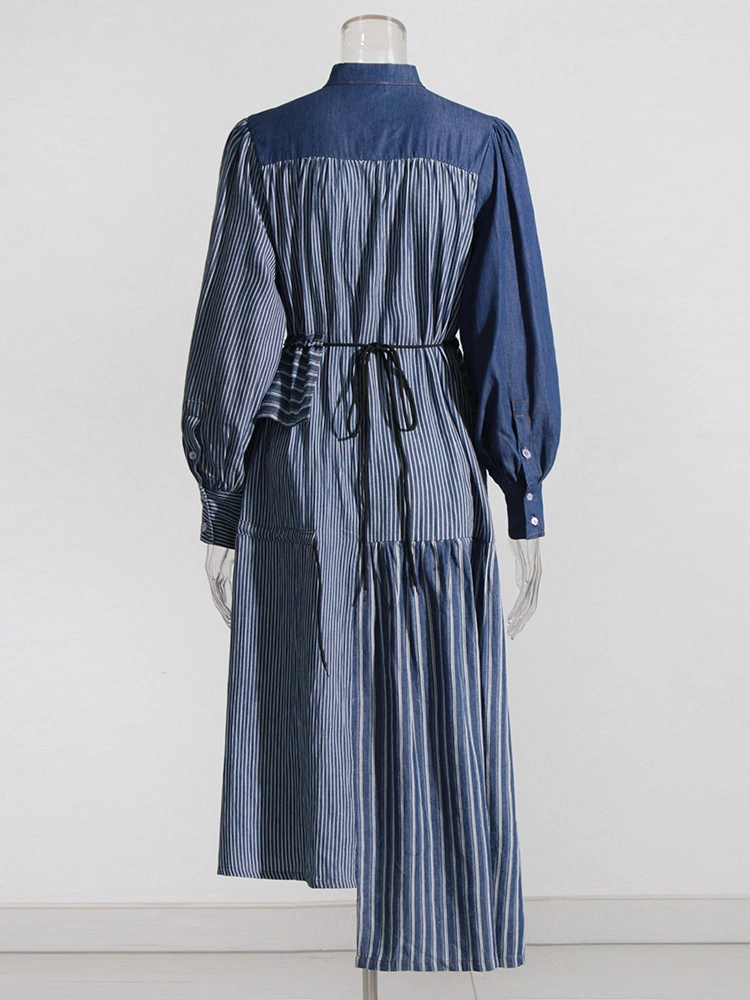 TWOTWINSTYLE New Denim Patchwork Stripes Women Maxi Dresses