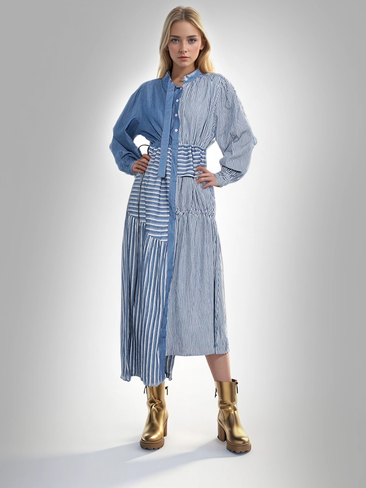 TWOTWINSTYLE New Denim Patchwork Stripes Women Maxi Dresses