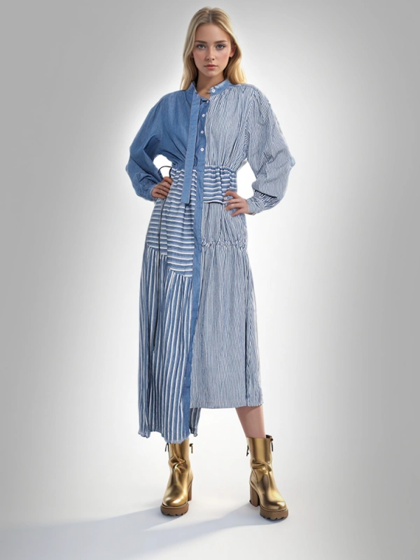 TWOTWINSTYLE New Denim Patchwork Stripes Women Maxi Dresses