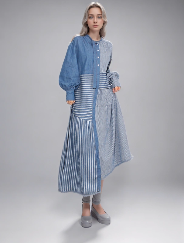 TWOTWINSTYLE New Denim Patchwork Stripes Women Maxi Dresses