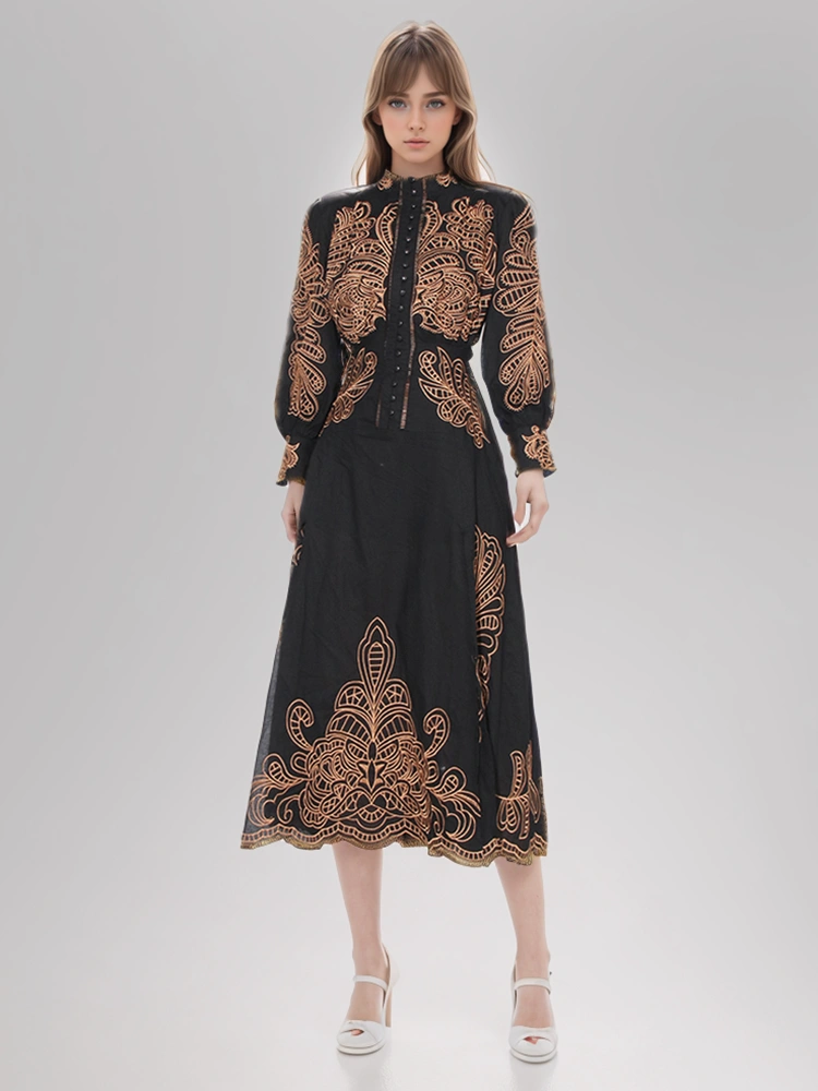 TWOTWINSTYLE New Embroidered Printing Stand Flare Collar Women Dresses