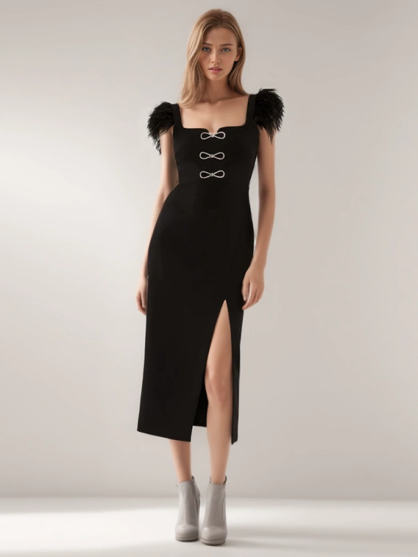 TWOTWINSTYLE New Patchwork Diamonds Spliced Feathers Split Party Dresses