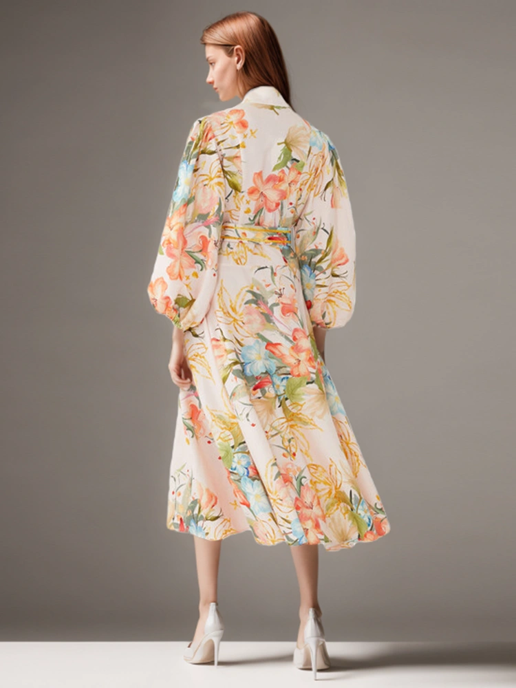 TWOTWINSTYLE New Printing Belt Puff Sleeve Women Dresses