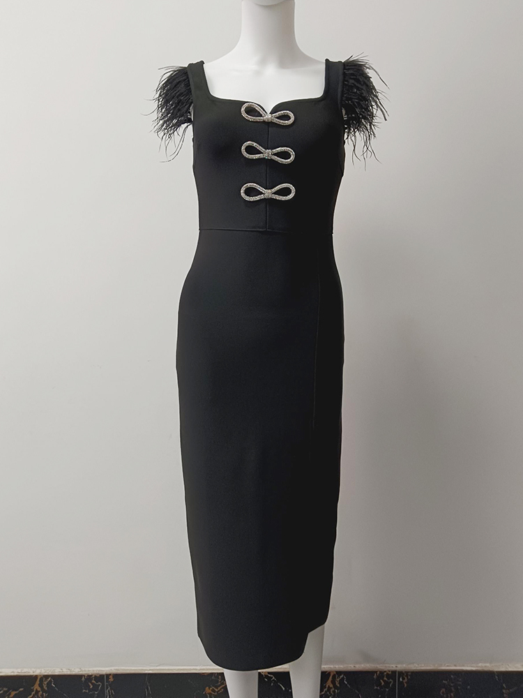 TWOTWINSTYLE New Patchwork Diamonds Spliced Feathers Split Party Dresses