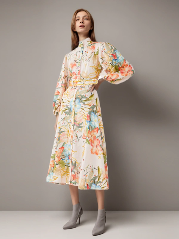 TWOTWINSTYLE New Printing Belt Puff Sleeve Women Dresses