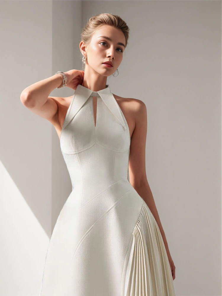 TWOTWINSTYLE New Elegant Lapel High Waist Folds Dress