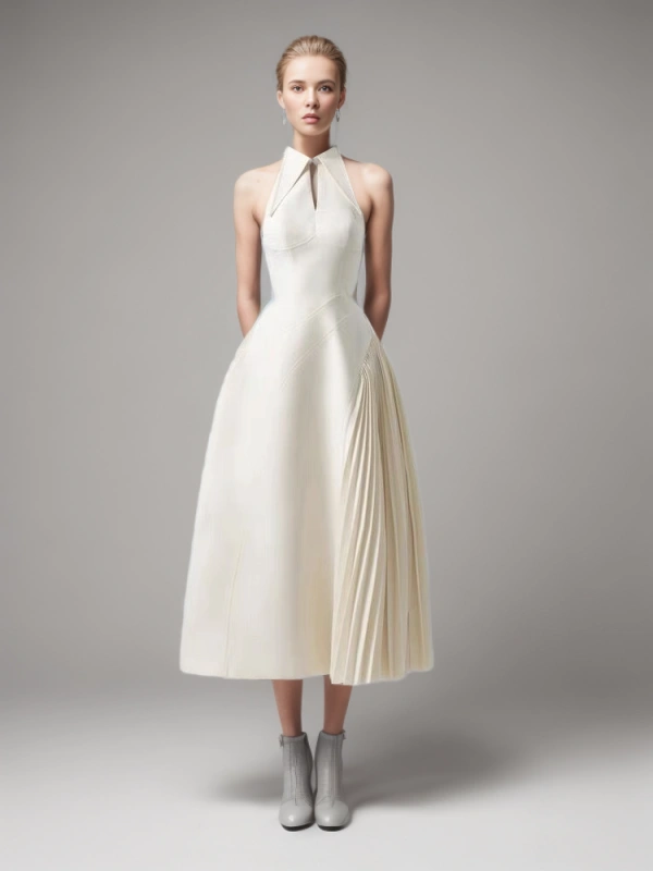 TWOTWINSTYLE New Elegant Lapel High Waist Folds Dress