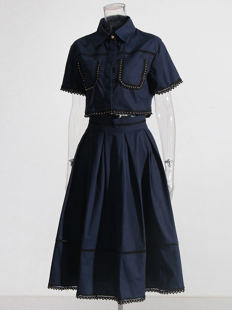 TWOTWINSTYLE Lapel  Two Piece Sets Short Sleeve Tops With A line Skirt