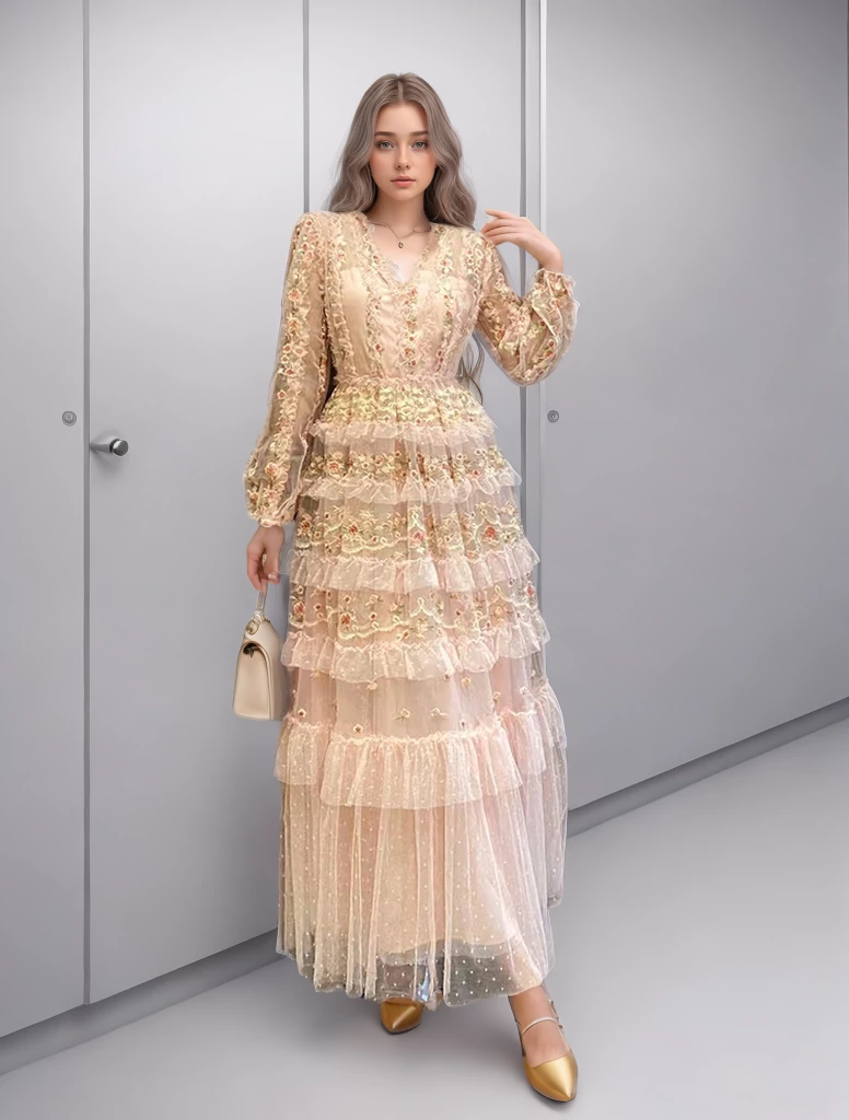 Embroidery Spliced Mesh Ruffles Maxi Women Dresses New