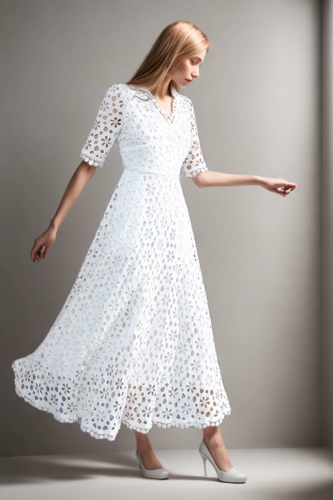 TWOTWINSTYLE Cut Out  V Neck  Midi Dresses With White