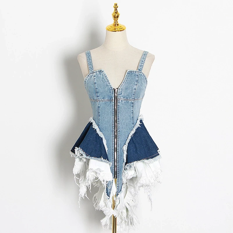 TWOTWINSTYLE Patchwork Denim Sexy Vests For Women  Sleeveless