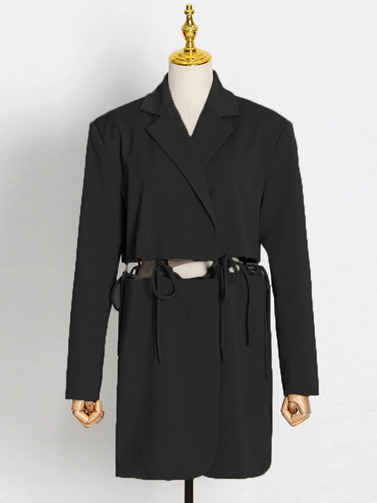 TWOTWINSTYLE   Lace Up  Lapel  Collar Hollow Out  Long Sleeve  Blazers For Women