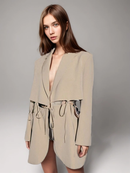 TWOTWINSTYLE   Lace Up  Lapel  Collar Hollow Out  Long Sleeve  Blazers For Women