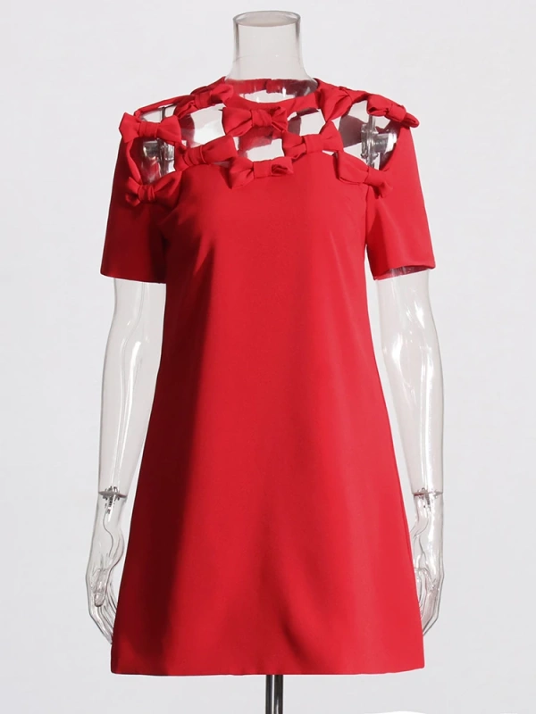 TWOTWINSTYLE New Bow Hollow Out Mini Dresses With Red