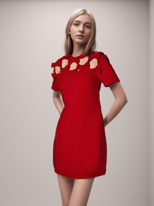 TWOTWINSTYLE New Bow Hollow Out Mini Dresses With Red