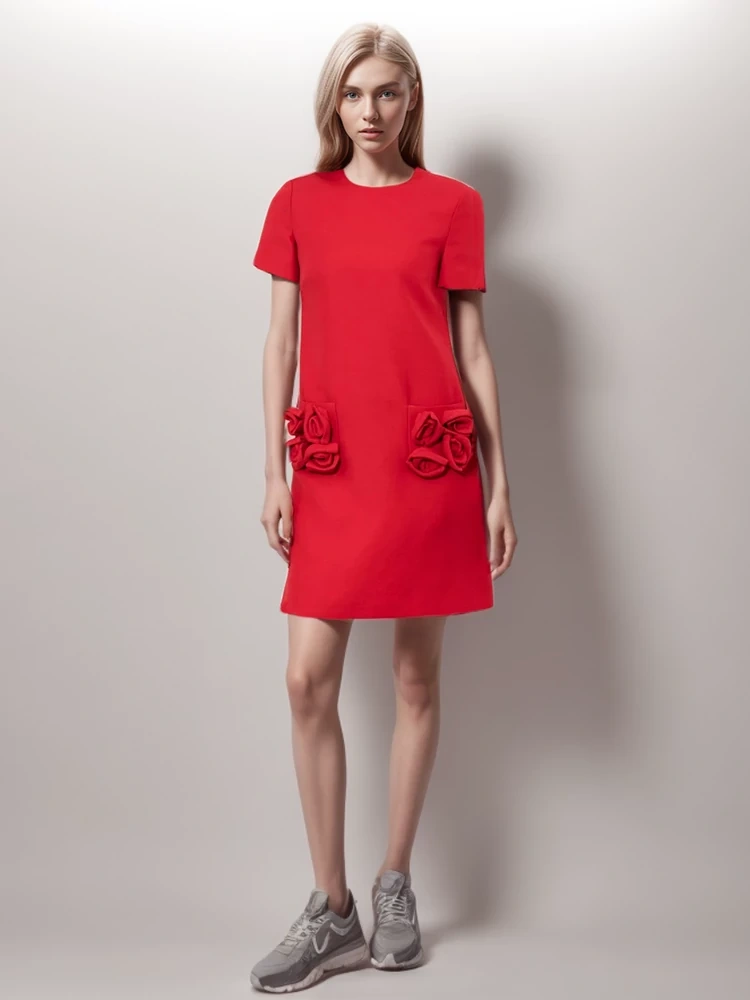 TWOTWINSTYLE New Patchwork Appliques Short Sleeve Women Dress With Pocket