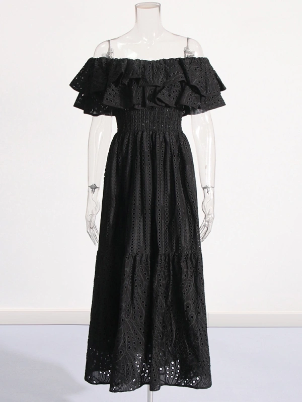 TWOTWINSTYLE Embroidery Elegant Dress For Women Slash Neck Short Sleeve High Waist Cut Out Midi Dresses Female Summer Clothing
