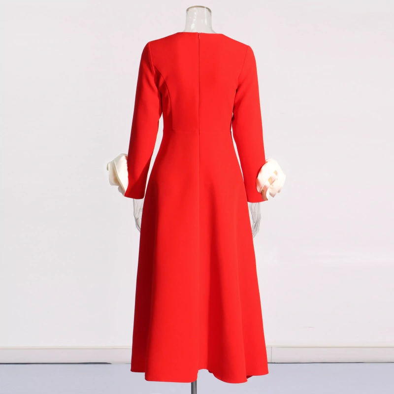 TWOTWINSTYLE Spliced  Appliques Elegant Round Neck Women Dresses